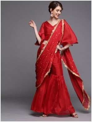 Red Sequinned Silk Blend Sharara Fusion Saree